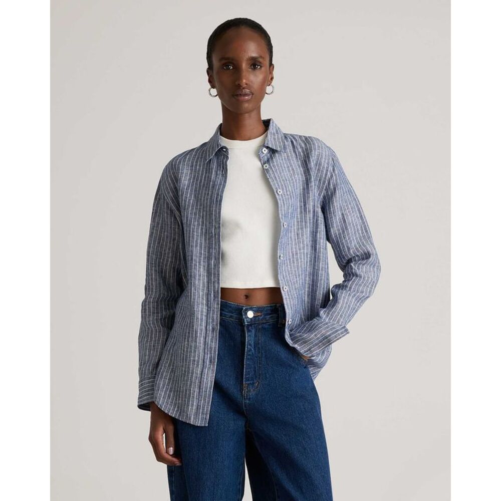 Quince Women's 100% European Linen Long Sleeve Shirt Blue M